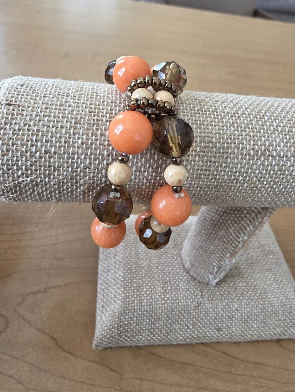 Boho Orange & Brown Beaded Multi-Row Stretch Bracelet Lightweight